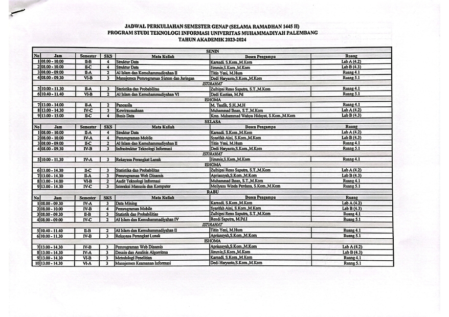 Jadwal Perkuliahan Semester Genap Tahun Akademik 2023/2024 (Selama Ramadhan 1445 H)