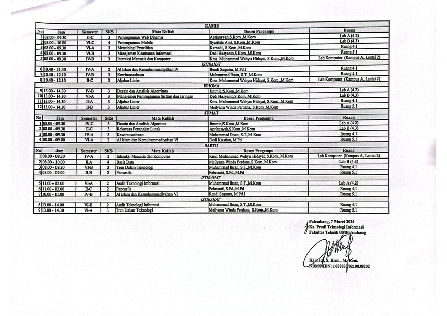 Jadwal Perkuliahan Semester Genap Tahun Akademik 2023/2024 (Selama Ramadhan 1445 H)